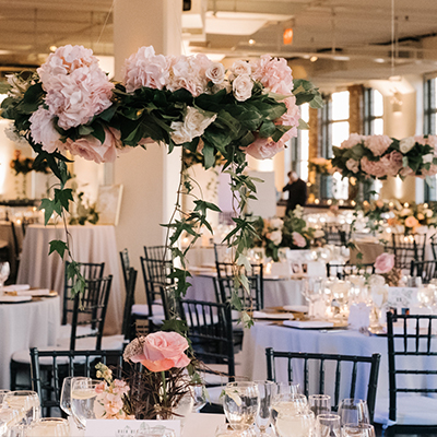 photo: reception room with pink and white floral decor